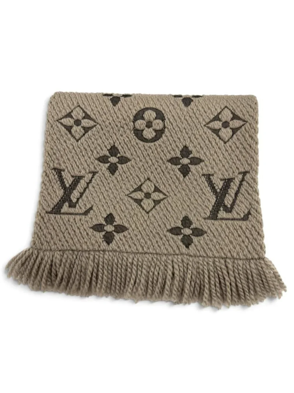 Louis Vuitton Logomania Scarf Monogram Wool Silk Fringed Greige